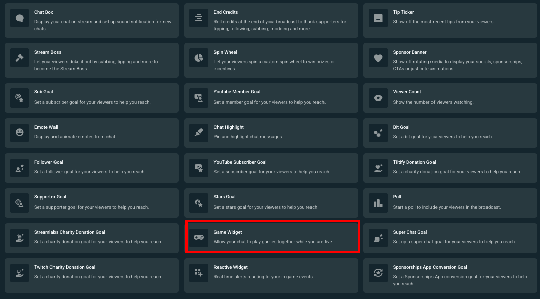 streamlabs game widget on streamlabs dashboard